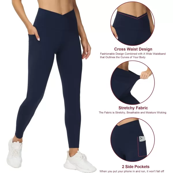 THE GYM PEOPLE Womens V Cross Waist Workout Leggings with Tummy Control and PocketsBlue