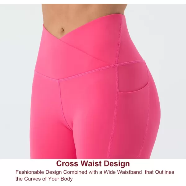 THE GYM PEOPLE Womens V Cross Waist Workout Leggings with Tummy Control and PocketsBright Pink