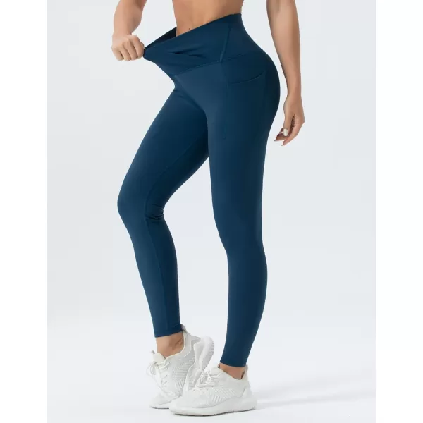 THE GYM PEOPLE Womens V Cross Waist Workout Leggings with Tummy Control and PocketsDark Blue Green