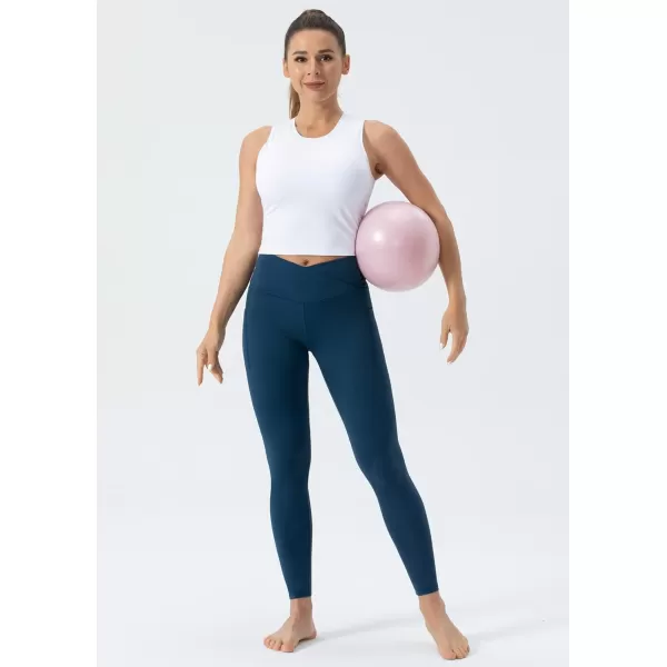THE GYM PEOPLE Womens V Cross Waist Workout Leggings with Tummy Control and PocketsDark Blue Green