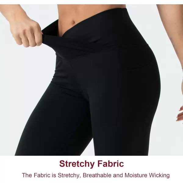 THE GYM PEOPLE Womens V Cross Waist Workout Leggings with Tummy Control and PocketsS Capris Black