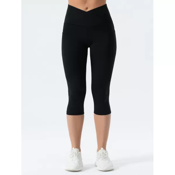 THE GYM PEOPLE Womens V Cross Waist Workout Leggings with Tummy Control and PocketsS Capris Black