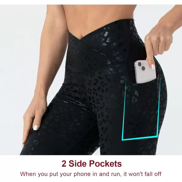 THE GYM PEOPLE Womens V Cross Waist Workout Leggings with Tummy Control and PocketsS Capris Black Leopard