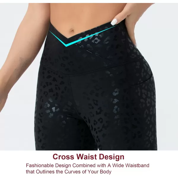 THE GYM PEOPLE Womens V Cross Waist Workout Leggings with Tummy Control and PocketsS Capris Black Leopard