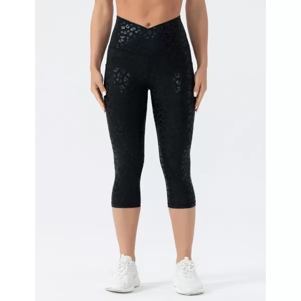 THE GYM PEOPLE Womens V Cross Waist Workout Leggings with Tummy Control and PocketsS Capris Black Leopard