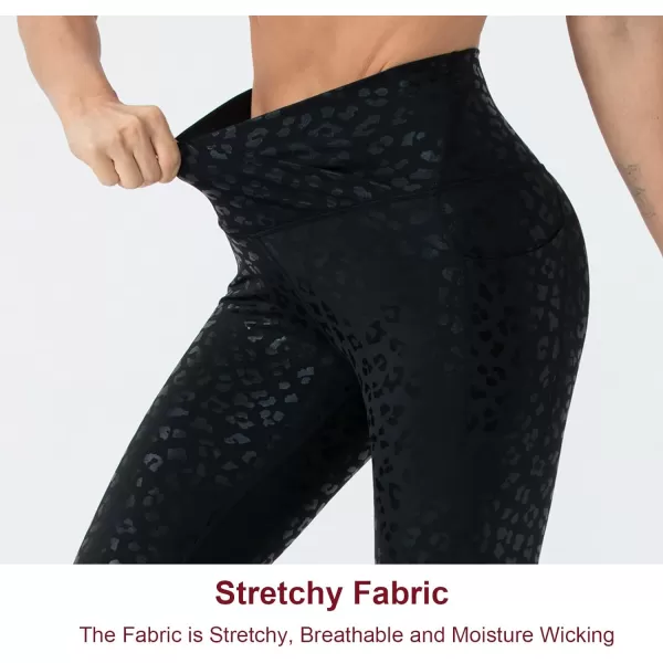 THE GYM PEOPLE Womens V Cross Waist Workout Leggings with Tummy Control and PocketsS Capris Black Leopard