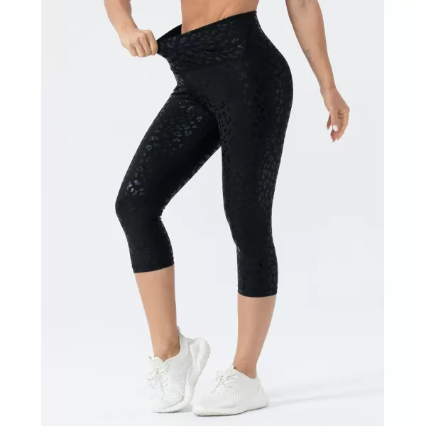 THE GYM PEOPLE Womens V Cross Waist Workout Leggings with Tummy Control and PocketsS Capris Black Leopard