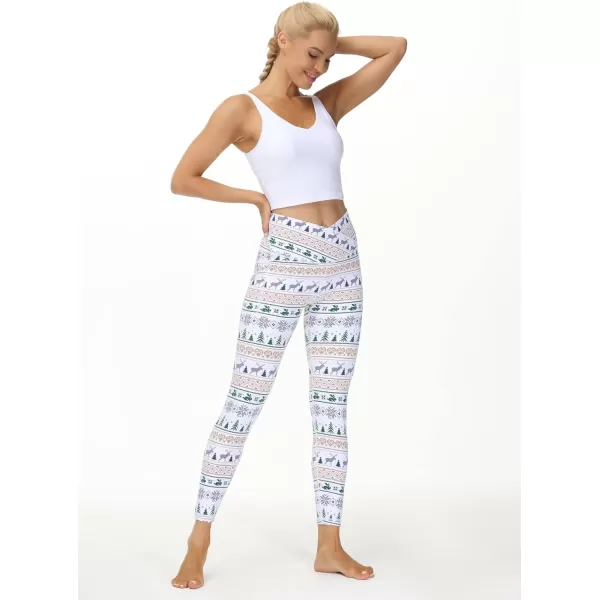 THE GYM PEOPLE Womens V Cross Waist Workout Leggings with Tummy Control and PocketsXmas Print White