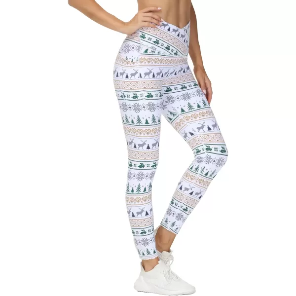 THE GYM PEOPLE Womens V Cross Waist Workout Leggings with Tummy Control and PocketsXmas Print White