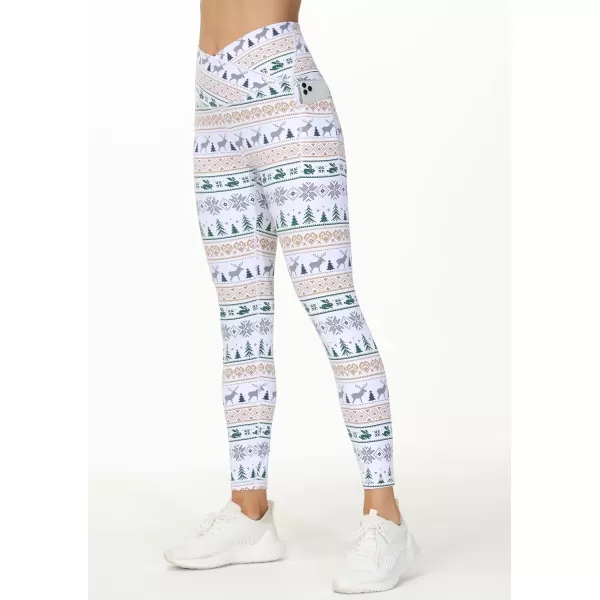 THE GYM PEOPLE Womens V Cross Waist Workout Leggings with Tummy Control and PocketsXmas Print White