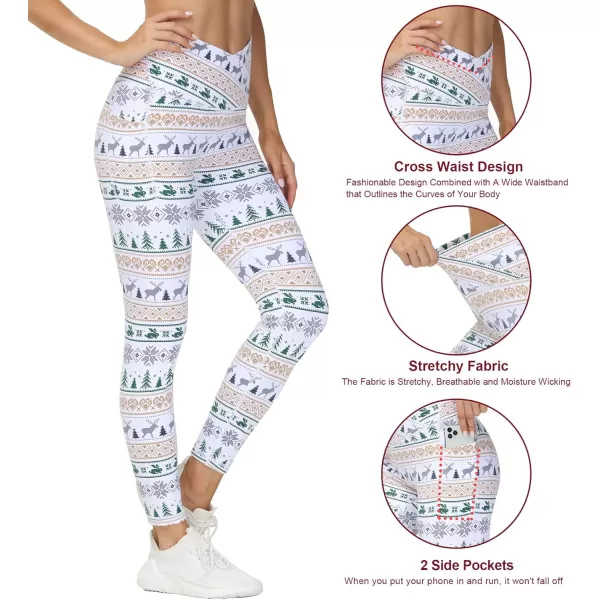 THE GYM PEOPLE Womens V Cross Waist Workout Leggings with Tummy Control and PocketsXmas Print White