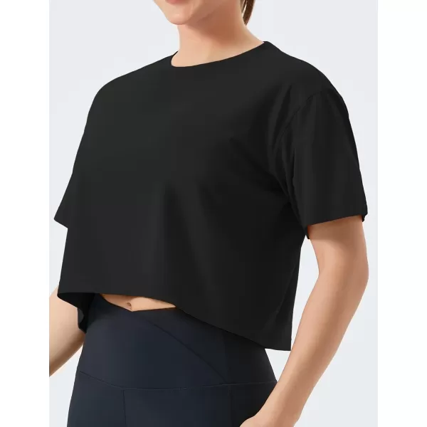 THE GYM PEOPLE Womens Workout Crop Top TShirt Short Sleeve Boxy Yoga Running Cropped Basic TeeBlack