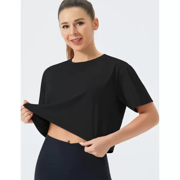 THE GYM PEOPLE Womens Workout Crop Top TShirt Short Sleeve Boxy Yoga Running Cropped Basic TeeBlack