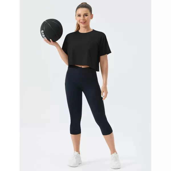 THE GYM PEOPLE Womens Workout Crop Top TShirt Short Sleeve Boxy Yoga Running Cropped Basic TeeBlack