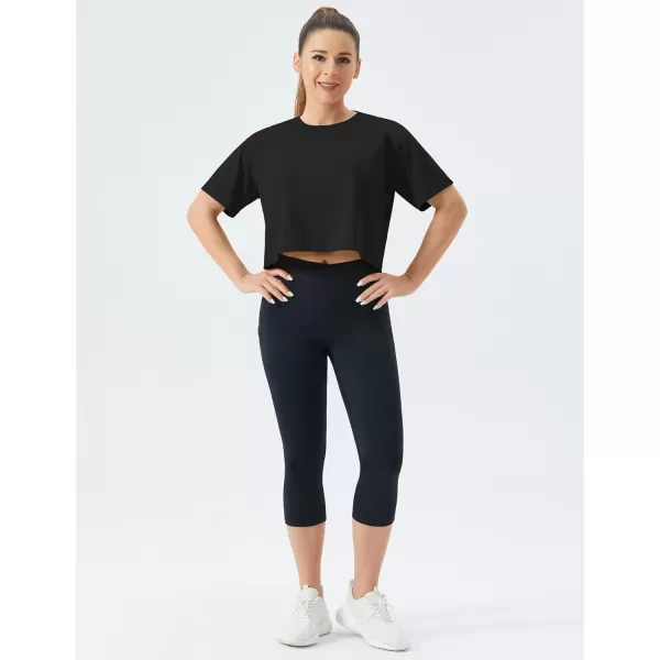 THE GYM PEOPLE Womens Workout Crop Top TShirt Short Sleeve Boxy Yoga Running Cropped Basic TeeBlack