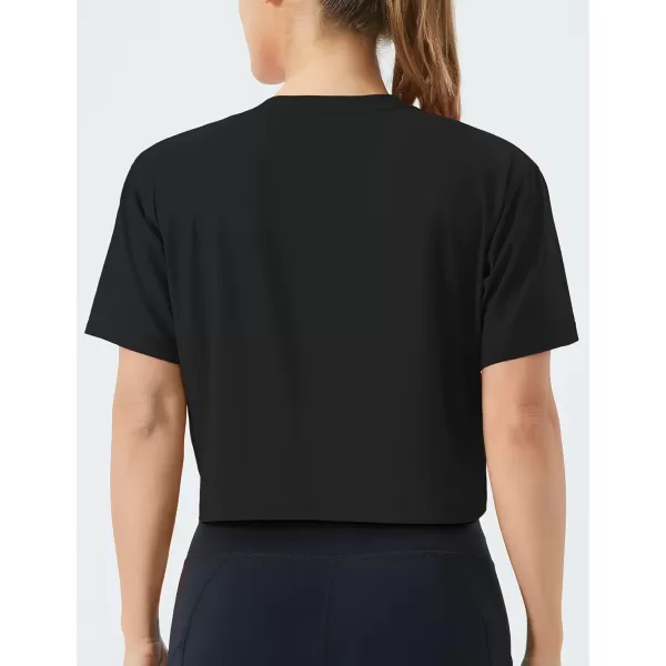 THE GYM PEOPLE Womens Workout Crop Top TShirt Short Sleeve Boxy Yoga Running Cropped Basic TeeBlack