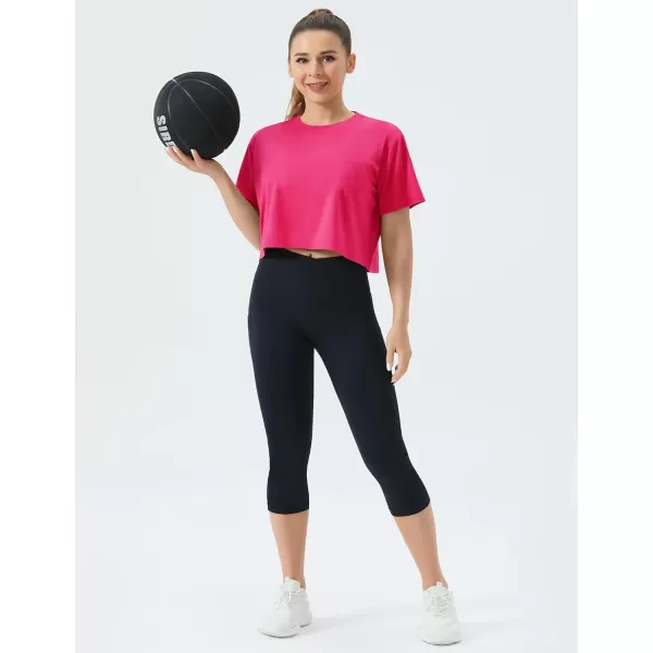 THE GYM PEOPLE Womens Workout Crop Top TShirt Short Sleeve Boxy Yoga Running Cropped Basic TeeBright Pink