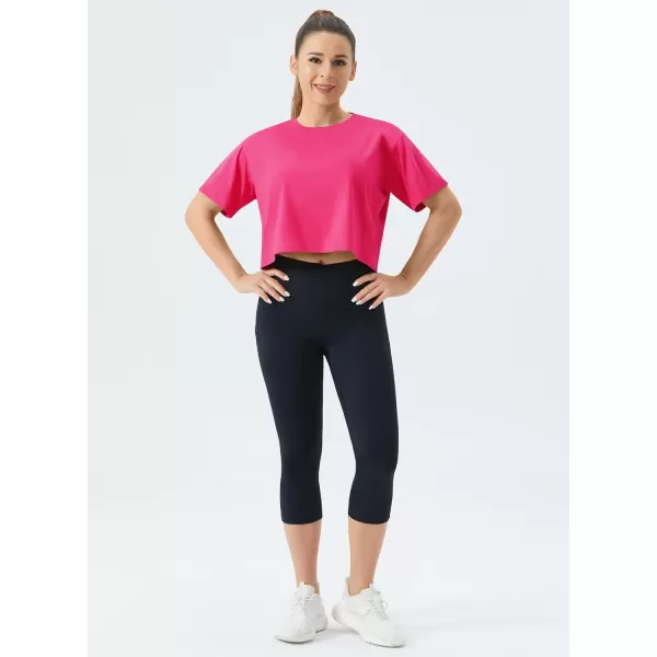 THE GYM PEOPLE Womens Workout Crop Top TShirt Short Sleeve Boxy Yoga Running Cropped Basic TeeBright Pink