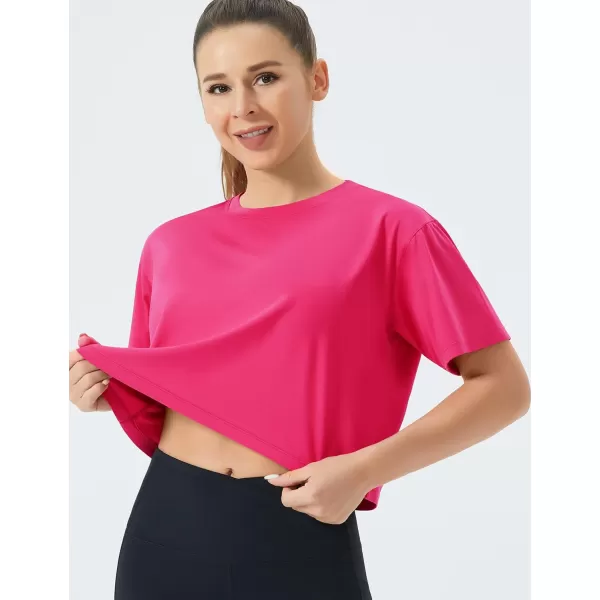 THE GYM PEOPLE Womens Workout Crop Top TShirt Short Sleeve Boxy Yoga Running Cropped Basic TeeBright Pink