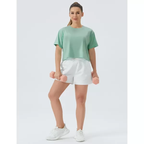 THE GYM PEOPLE Womens Workout Crop Top TShirt Short Sleeve Boxy Yoga Running Cropped Basic TeeLight Green