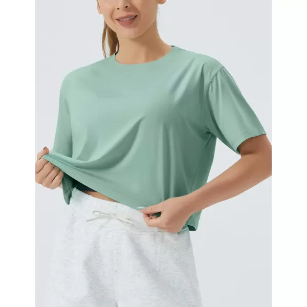 THE GYM PEOPLE Womens Workout Crop Top TShirt Short Sleeve Boxy Yoga Running Cropped Basic TeeLight Green