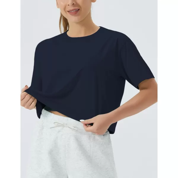 THE GYM PEOPLE Womens Workout Crop Top TShirt Short Sleeve Boxy Yoga Running Cropped Basic TeeNavy Blue