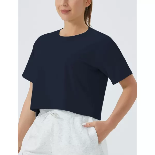 THE GYM PEOPLE Womens Workout Crop Top TShirt Short Sleeve Boxy Yoga Running Cropped Basic TeeNavy Blue