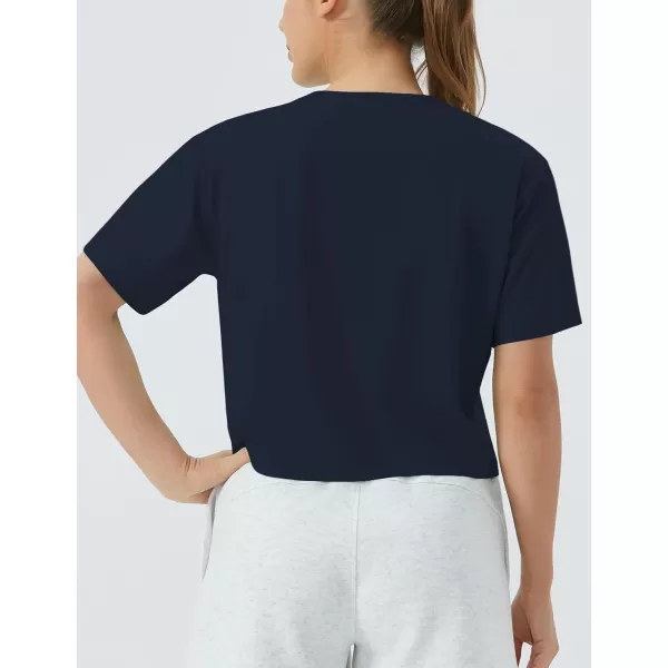 THE GYM PEOPLE Womens Workout Crop Top TShirt Short Sleeve Boxy Yoga Running Cropped Basic TeeNavy Blue