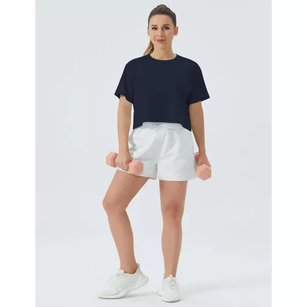 THE GYM PEOPLE Womens Workout Crop Top TShirt Short Sleeve Boxy Yoga Running Cropped Basic TeeNavy Blue