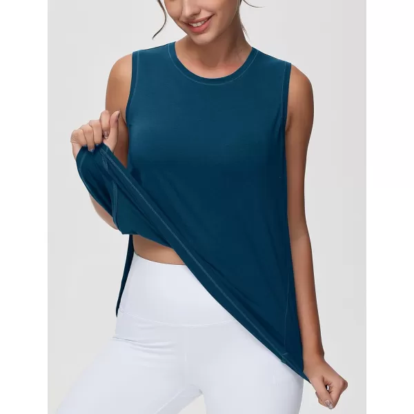 THE GYM PEOPLE Womens Workout Tank Tops Loose Fit Sleeveless Breathable Yoga Shirts with Side SlitsDark Blue Green