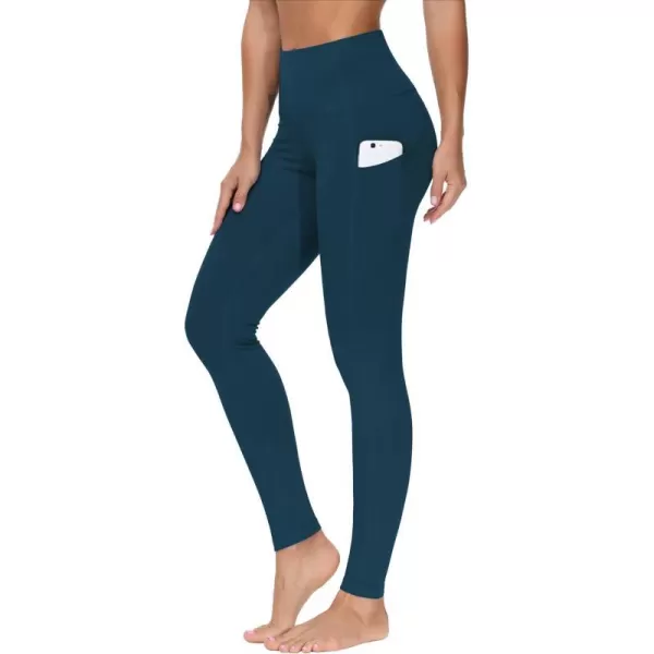 THE GYM PEOPLE Thick High Waist Yoga Pants with Pockets Tummy Control Workout Running Yoga Leggings for WomenDark Blue Green