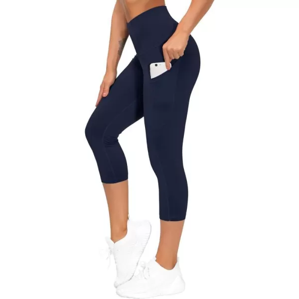 THE GYM PEOPLE Thick High Waist Yoga Pants with Pockets Tummy Control Workout Running Yoga Leggings for WomenZcapris Navy Blue