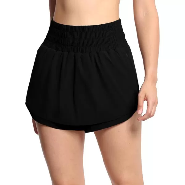 THE GYM PEOPLE Womens Athletic Shorts Elastic Waisted Quick Dry Ruffle Tennis Workout Skorts with Mesh Liner Zip PocketsBlack