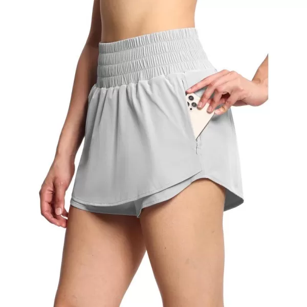 THE GYM PEOPLE Womens Athletic Shorts Elastic Waisted Quick Dry Ruffle Tennis Workout Skorts with Mesh Liner Zip PocketsBright Grey