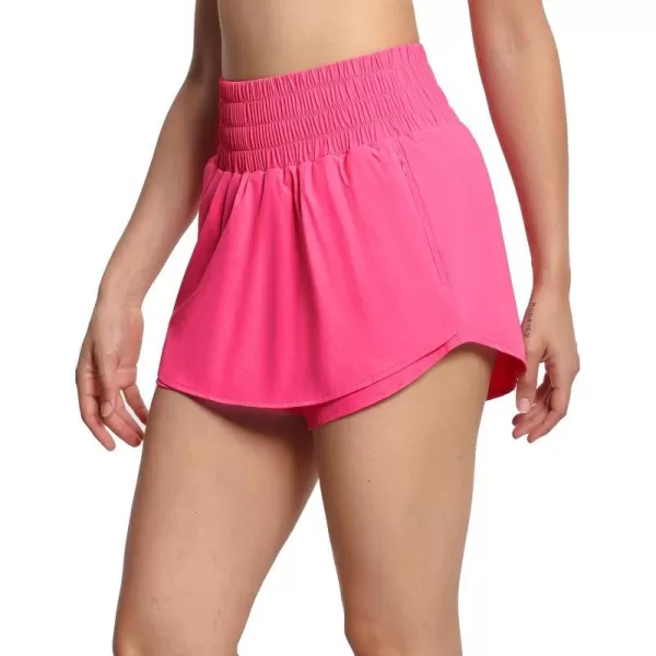THE GYM PEOPLE Womens Athletic Shorts Elastic Waisted Quick Dry Ruffle Tennis Workout Skorts with Mesh Liner Zip PocketsBright Pink