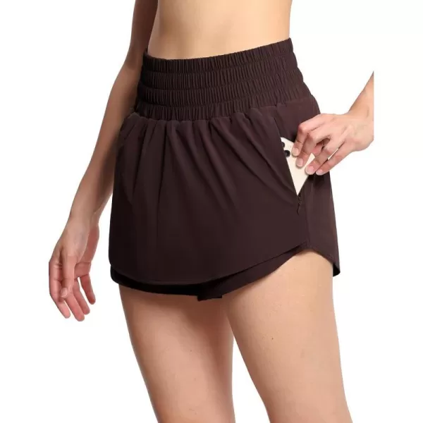 THE GYM PEOPLE Womens Athletic Shorts Elastic Waisted Quick Dry Ruffle Tennis Workout Skorts with Mesh Liner Zip PocketsBrown