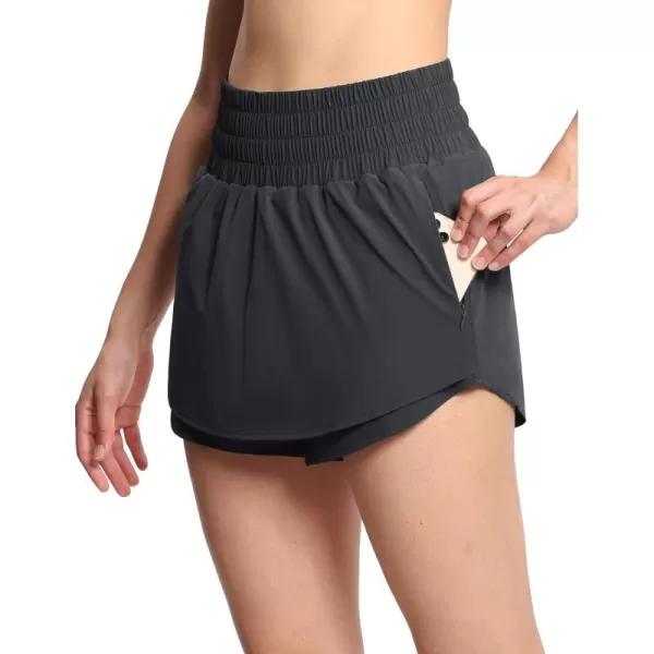 THE GYM PEOPLE Womens Athletic Shorts Elastic Waisted Quick Dry Ruffle Tennis Workout Skorts with Mesh Liner Zip PocketsDark Grey