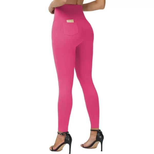 THE GYM PEOPLE Womens Casual Yoga Leggings High Waisted Tummy Control Workout Pants with 4 PocketsBright Pink