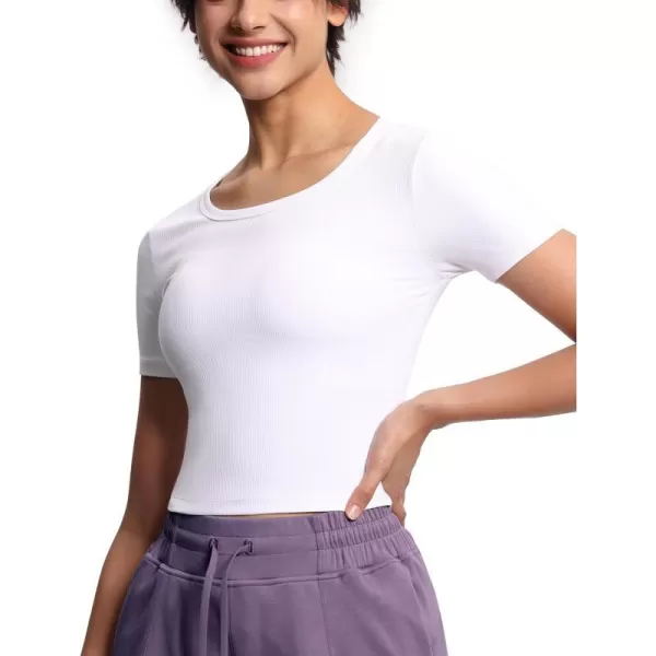 THE GYM PEOPLE Womens Cute Crop TShirts Short Sleeve Ribbed Ice Silk Slim Fit Casual Tee TopsWhite