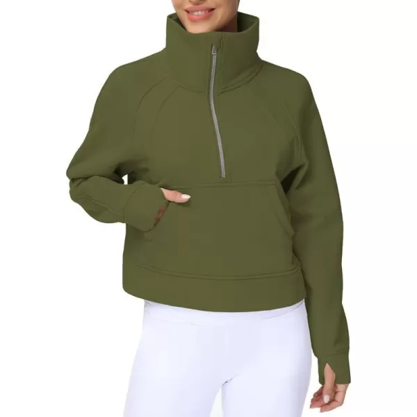 THE GYM PEOPLE Womens Half Zip Pullover Fleece Stand Collar Crop Sweatshirt with Pockets Thumb HoleArmy Green