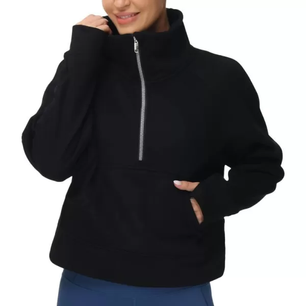 THE GYM PEOPLE Womens Half Zip Pullover Fleece Stand Collar Crop Sweatshirt with Pockets Thumb HoleBlack