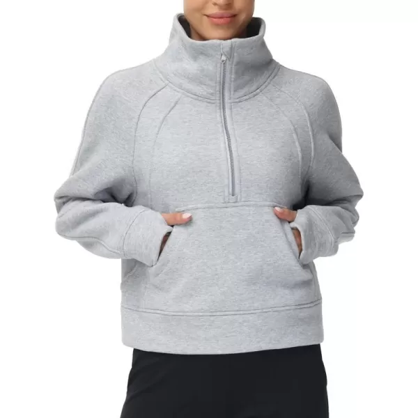 THE GYM PEOPLE Womens Half Zip Pullover Fleece Stand Collar Crop Sweatshirt with Pockets Thumb HoleGrey