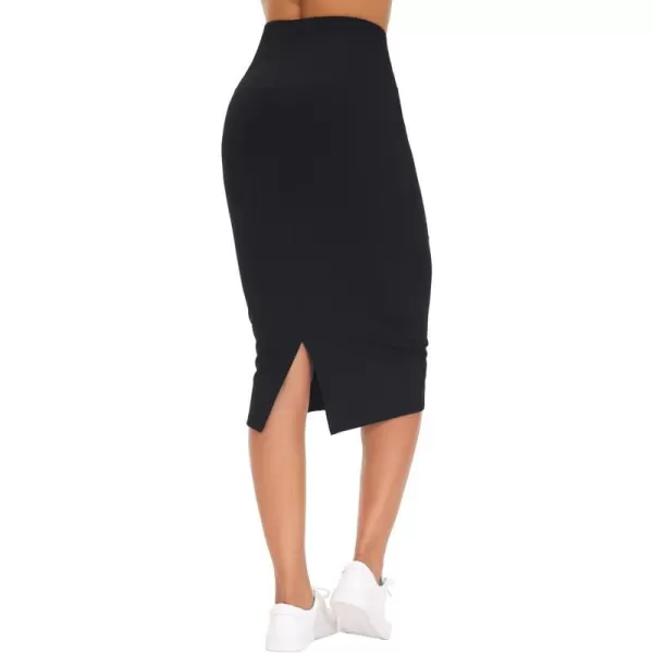 THE GYM PEOPLE Womens High Waist Tummy Control Pencil Skirts Stretchy Bodycon Midi Skirt Below Knee with Back SlitBlack