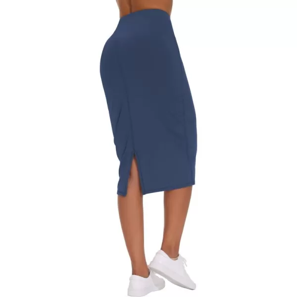 THE GYM PEOPLE Womens High Waist Tummy Control Pencil Skirts Stretchy Bodycon Midi Skirt Below Knee with Back SlitBlue