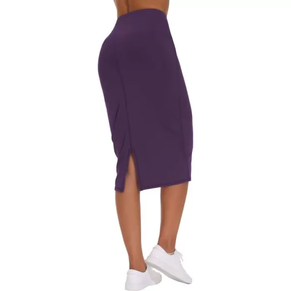 THE GYM PEOPLE Womens High Waist Tummy Control Pencil Skirts Stretchy Bodycon Midi Skirt Below Knee with Back SlitGrape Purple