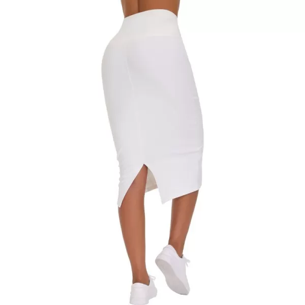 THE GYM PEOPLE Womens High Waist Tummy Control Pencil Skirts Stretchy Bodycon Midi Skirt Below Knee with Back SlitWhite