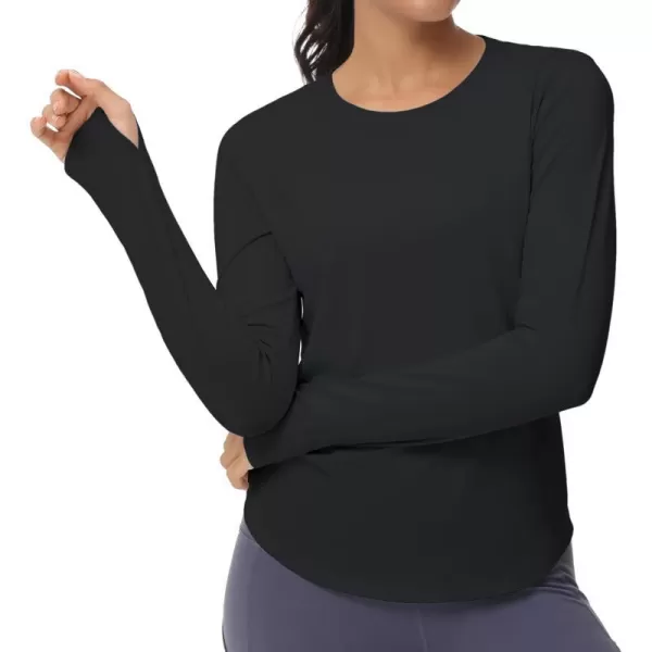 THE GYM PEOPLE Womens Long Sleeve Workout Shirts Athletic Crewneck Hiking Tops with Thumb HoleBlack