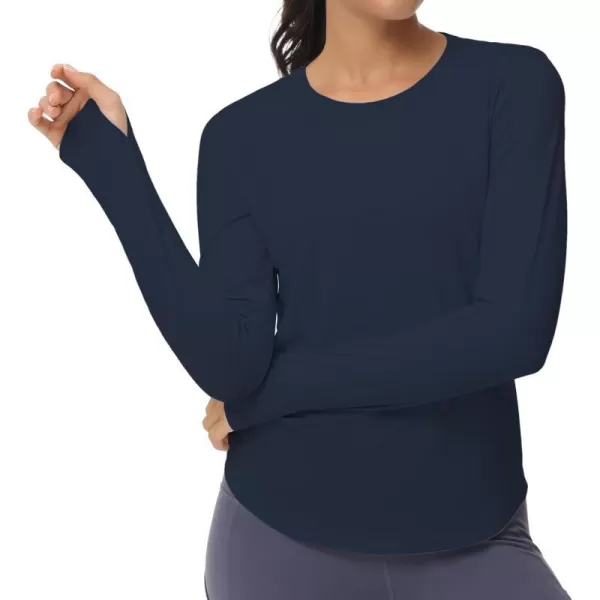 THE GYM PEOPLE Womens Long Sleeve Workout Shirts Athletic Crewneck Hiking Tops with Thumb HoleNavy Blue