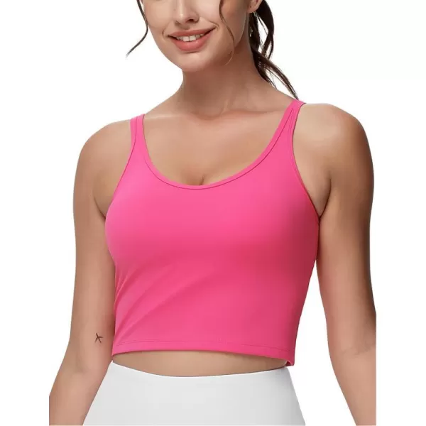 THE GYM PEOPLE Womens Longline Sports Bra Removable Padded Wireless Workout Yoga Tank TopsBright Pink
