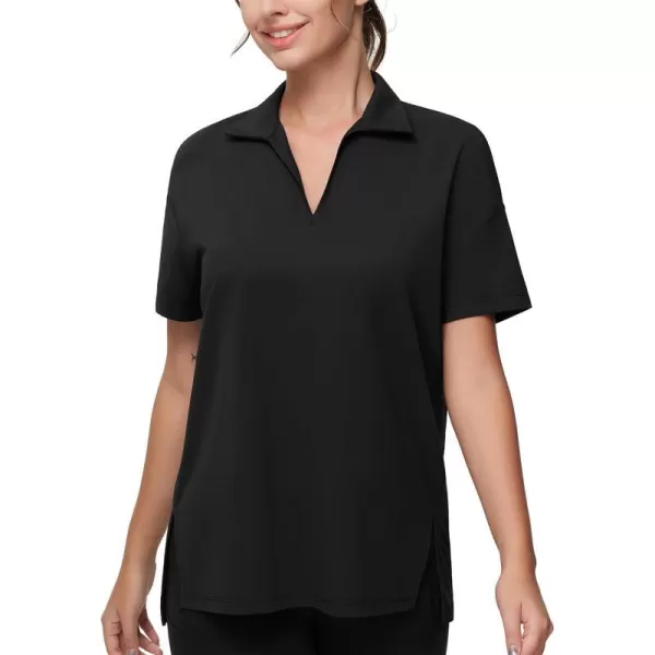 THE GYM PEOPLE Womens Loose fit Workout Polo Shirts Back Short Sleeve V Neck Tees Tops with Side SlitsBlack